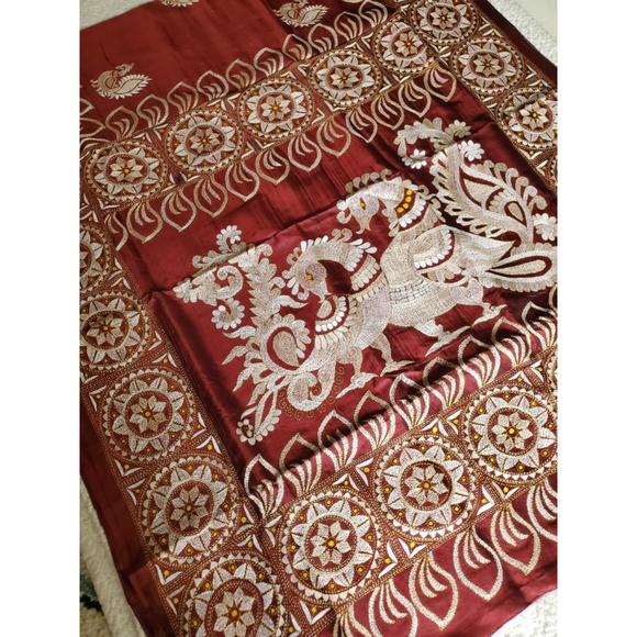 New Women Pure Silk Designer Kantha Saree W BP Kalamkari Festive HandloomWedding - Picture 6 of 15